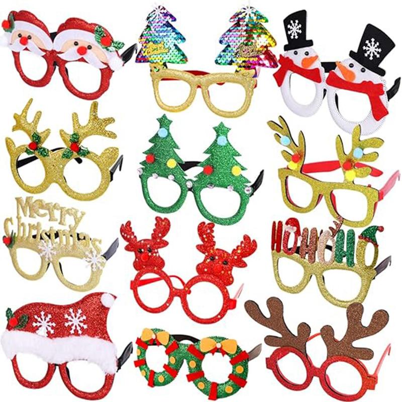 Christmas Themed Glasses Frame, 12pcs set Glitter Party Eyewear, Party Decoration Supplies for Christmas Festival