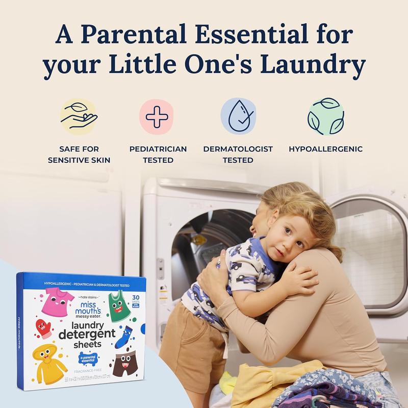 Miss Mouth's Messy Eater Laundry Detergent Sheets - Clean and Hypoallergenic for Sensitive Skin, Pediatrician & Dermatologist Tested, Fragrance Free