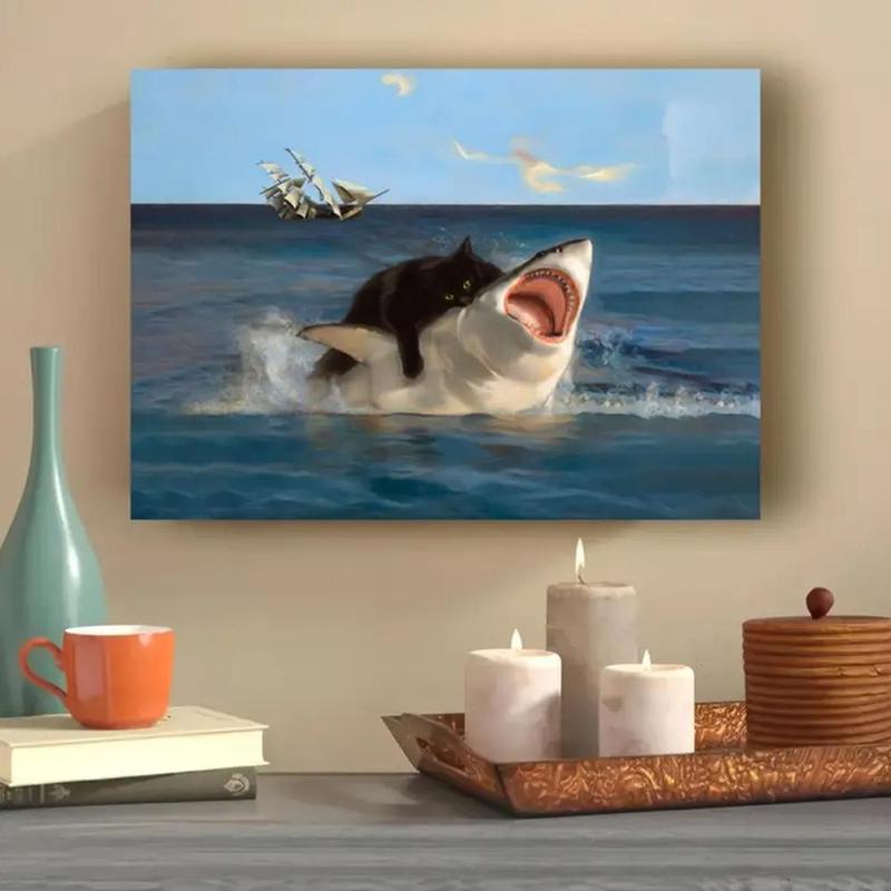 Cat & Shark Pattern Canvas Painting without Frame, 1 Count Funny Wall Art, Wall Decor for Home Living Room Bedroom Study Room