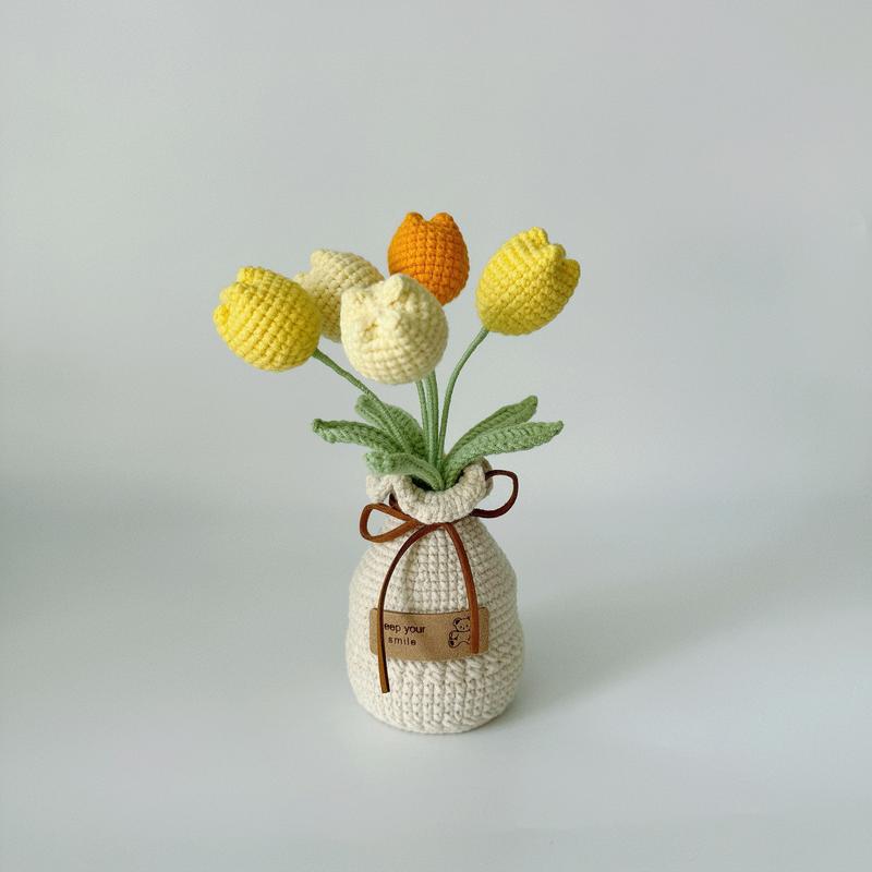 Handcrafted Crochet Tulip Bouquet with Yarn Vase - Fabric Artificial Flowers for Office Decor, Tabletop Display - Ideal for Various Room Types & Holiday Decorations including Christmas, Halloween, Thanksgiving, Valentine's Day, Mother's Day