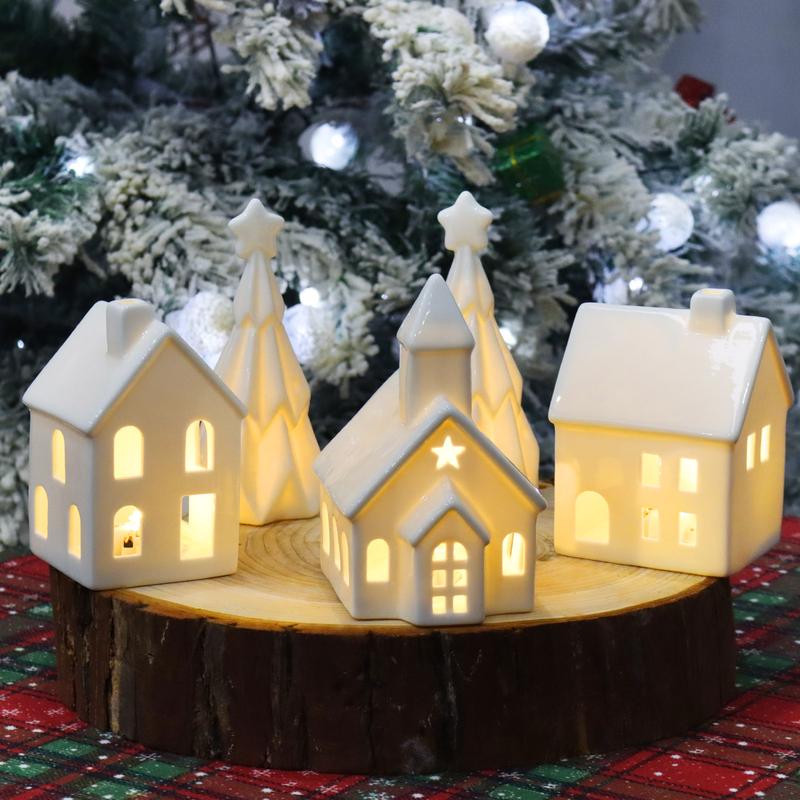 Ceramic White Christmas Village Houses, 3Pcs Light up Christmas Small Porcelain Village House with 6Pcs Christmas Trees, LED Lighted Tabletop House Figurines for Home Decor, Winter Holiday DIY, Gift