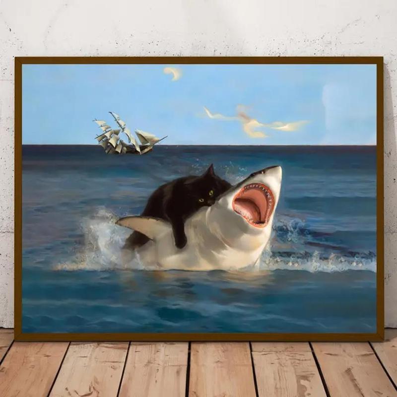 Cat & Shark Pattern Canvas Painting without Frame, 1 Count Funny Wall Art, Wall Decor for Home Living Room Bedroom Study Room