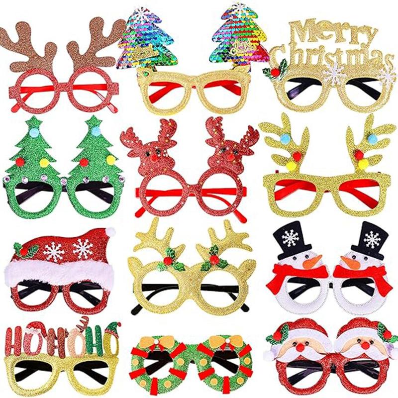 Christmas Themed Glasses Frame, 12pcs set Glitter Party Eyewear, Party Decoration Supplies for Christmas Festival