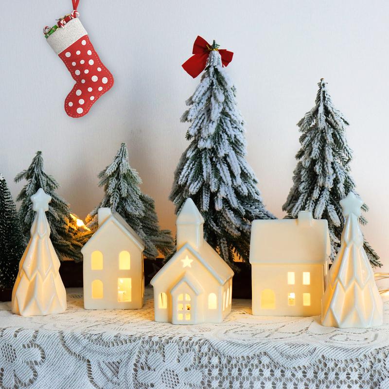 Ceramic White Christmas Village Houses, 3Pcs Light up Christmas Small Porcelain Village House with 6Pcs Christmas Trees, LED Lighted Tabletop House Figurines for Home Decor, Winter Holiday DIY, Gift