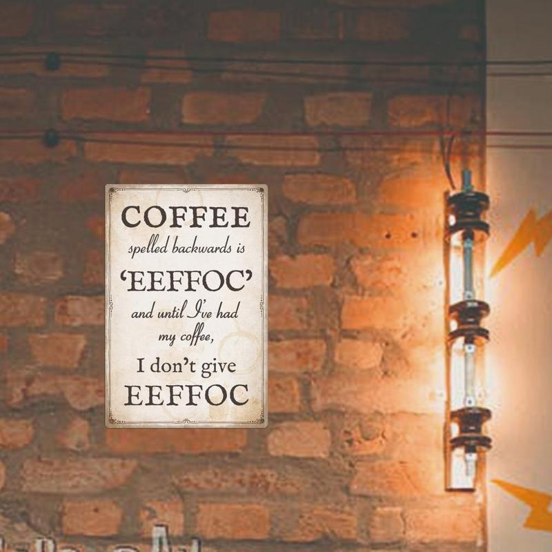 Coffee Spelled Backwards Is Eeffoc Tin Sign, 1 Count Vintage Plaque Funny Wall Decor For Kitchen Cafe Home