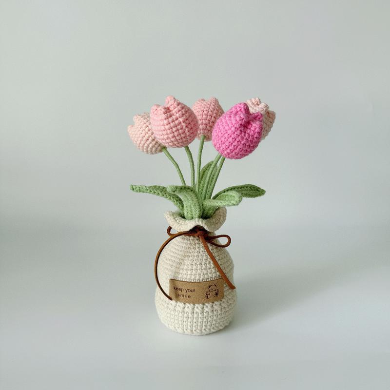 Handcrafted Crochet Tulip Bouquet with Yarn Vase - Fabric Artificial Flowers for Office Decor, Tabletop Display - Ideal for Various Room Types & Holiday Decorations including Christmas, Halloween, Thanksgiving, Valentine's Day, Mother's Day