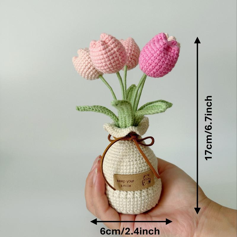 Handcrafted Crochet Tulip Bouquet with Yarn Vase - Fabric Artificial Flowers for Office Decor, Tabletop Display - Ideal for Various Room Types & Holiday Decorations including Christmas, Halloween, Thanksgiving, Valentine's Day, Mother's Day