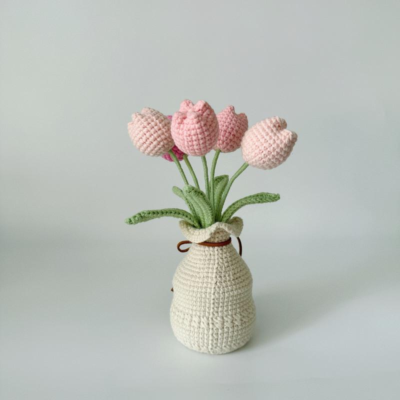 Handcrafted Crochet Tulip Bouquet with Yarn Vase - Fabric Artificial Flowers for Office Decor, Tabletop Display - Ideal for Various Room Types & Holiday Decorations including Christmas, Halloween, Thanksgiving, Valentine's Day, Mother's Day