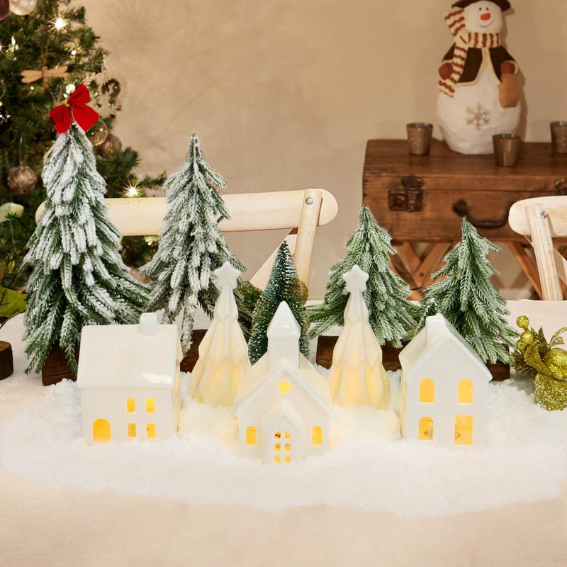 Ceramic White Christmas Village Houses, 3Pcs Light up Christmas Small Porcelain Village House with 6Pcs Christmas Trees, LED Lighted Tabletop House Figurines for Home Decor, Winter Holiday DIY, Gift