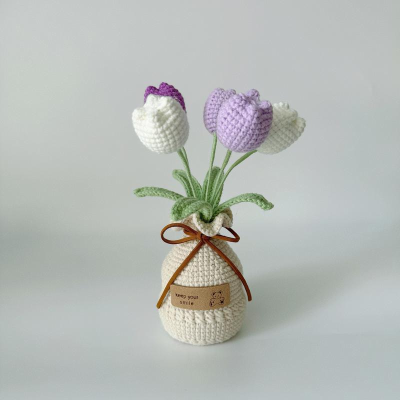 Handcrafted Crochet Tulip Bouquet with Yarn Vase - Fabric Artificial Flowers for Office Decor, Tabletop Display - Ideal for Various Room Types & Holiday Decorations including Christmas, Halloween, Thanksgiving, Valentine's Day, Mother's Day