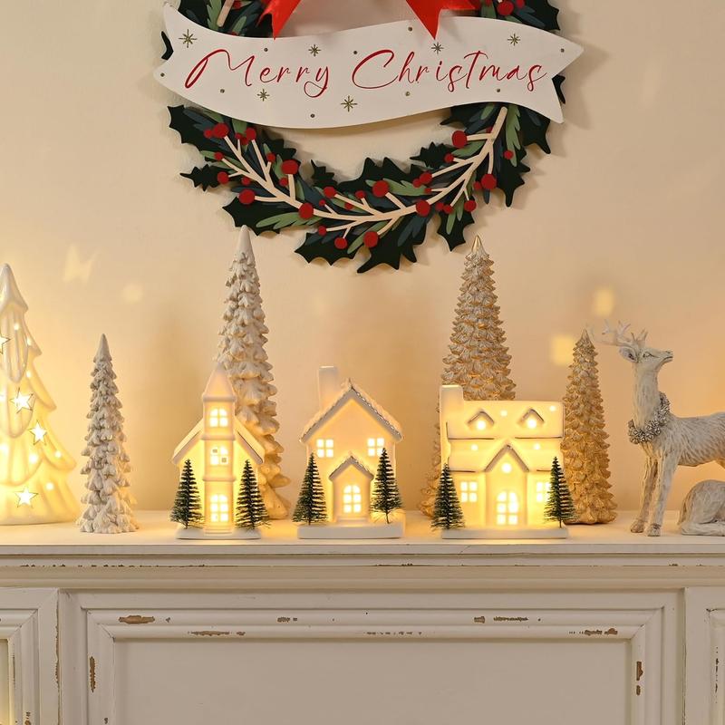 Ceramic White Christmas Village Houses, 3Pcs Light up Christmas Small Porcelain Village House with 6Pcs Christmas Trees, LED Lighted Tabletop House Figurines for Home Decor, Winter Holiday DIY, Gift