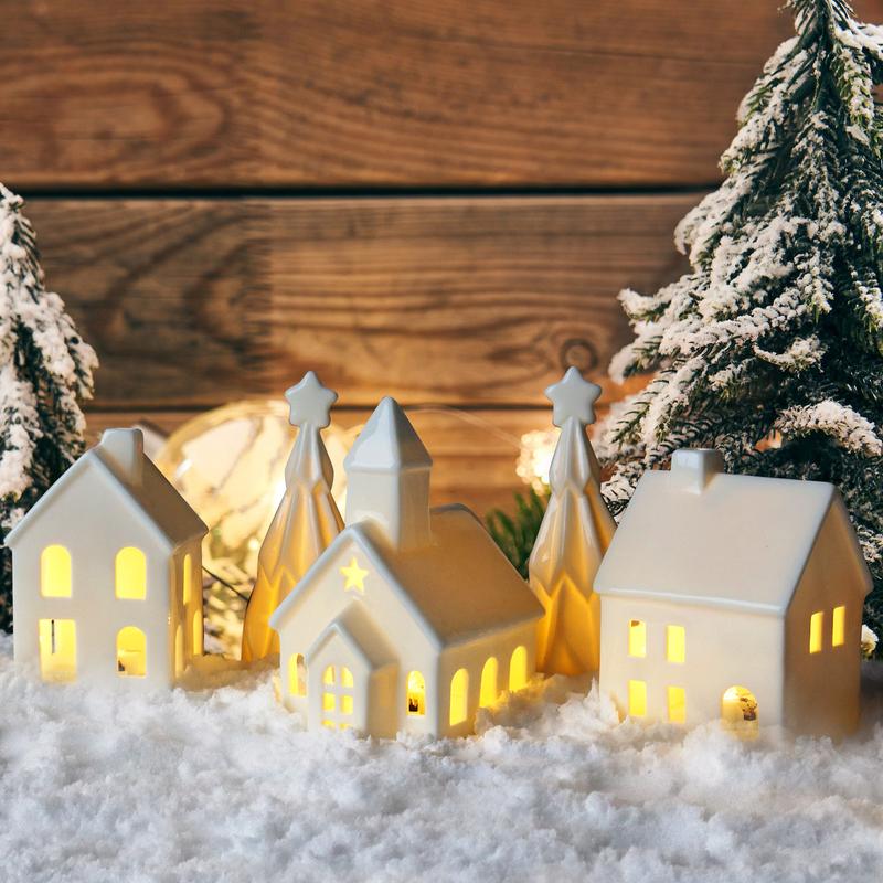 Ceramic White Christmas Village Houses, 3Pcs Light up Christmas Small Porcelain Village House with 6Pcs Christmas Trees, LED Lighted Tabletop House Figurines for Home Decor, Winter Holiday DIY, Gift