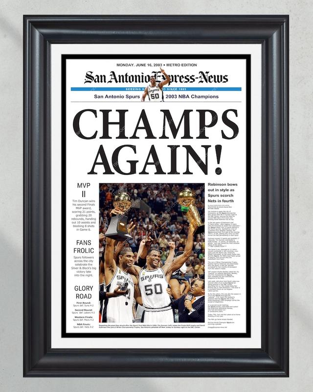 2003 San Antonio Spurs Framed Newspaper Cover Print David Robinson and Tim Duncan