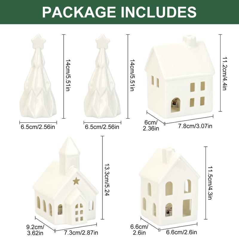 Ceramic White Christmas Village Houses, 3Pcs Light up Christmas Small Porcelain Village House with 6Pcs Christmas Trees, LED Lighted Tabletop House Figurines for Home Decor, Winter Holiday DIY, Gift