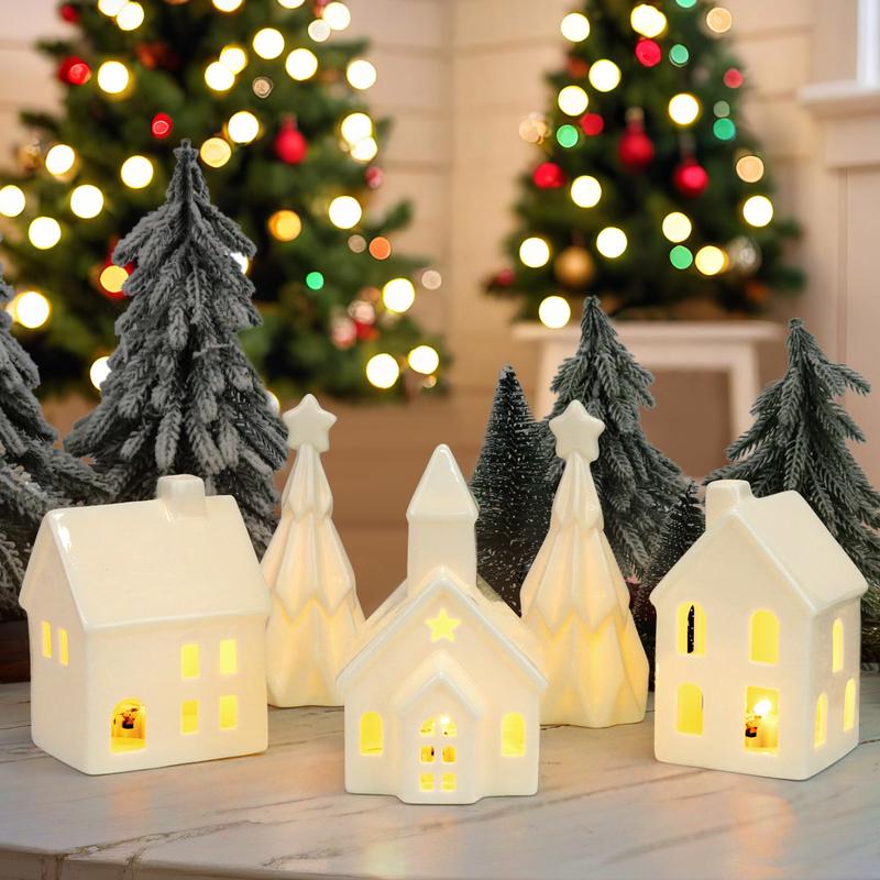 Ceramic White Christmas Village Houses, 3Pcs Light up Christmas Small Porcelain Village House with 6Pcs Christmas Trees, LED Lighted Tabletop House Figurines for Home Decor, Winter Holiday DIY, Gift