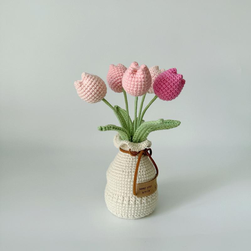 Handcrafted Crochet Tulip Bouquet with Yarn Vase - Fabric Artificial Flowers for Office Decor, Tabletop Display - Ideal for Various Room Types & Holiday Decorations including Christmas, Halloween, Thanksgiving, Valentine's Day, Mother's Day