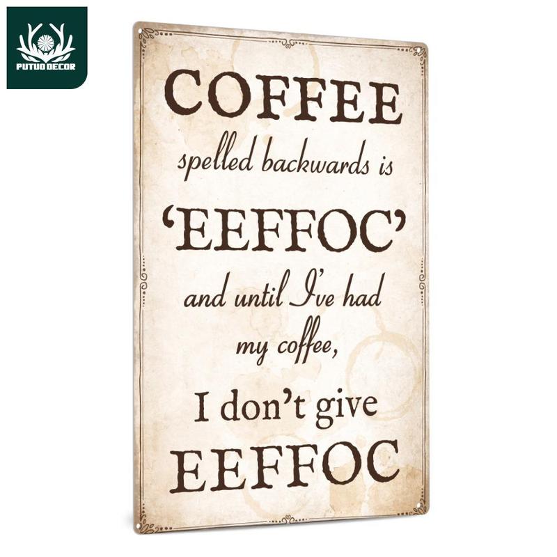 Coffee Spelled Backwards Is Eeffoc Tin Sign, 1 Count Vintage Plaque Funny Wall Decor For Kitchen Cafe Home