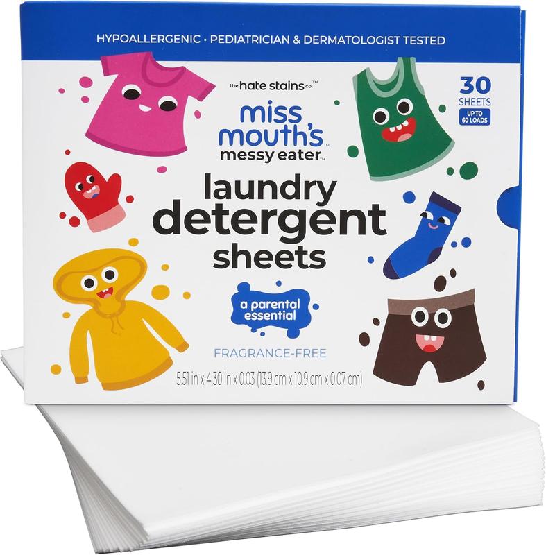 Miss Mouth's Messy Eater Laundry Detergent Sheets - Clean and Hypoallergenic for Sensitive Skin, Pediatrician & Dermatologist Tested, Fragrance Free