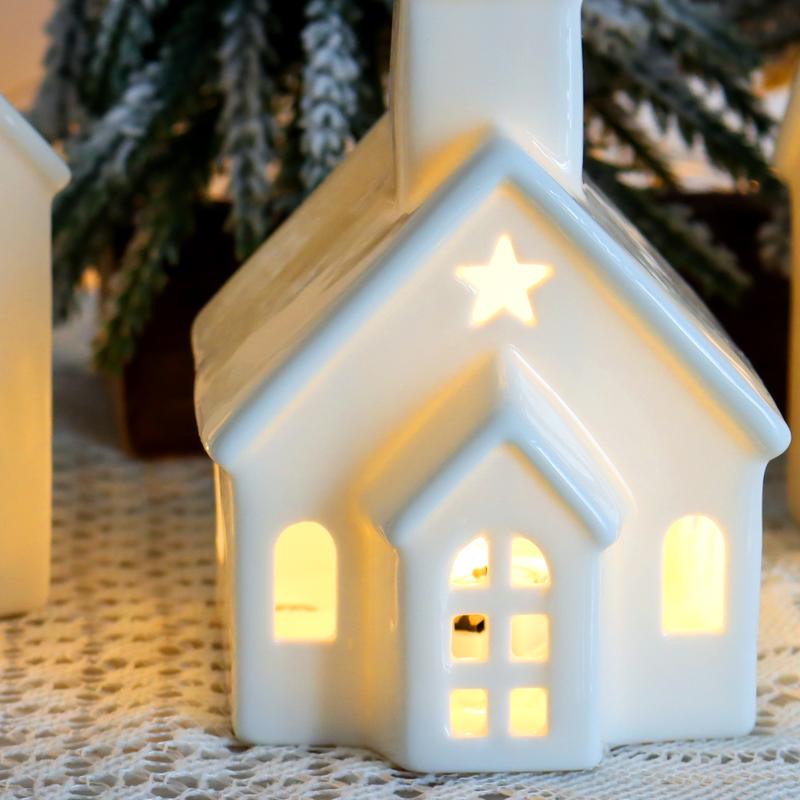 Ceramic White Christmas Village Houses, 3Pcs Light up Christmas Small Porcelain Village House with 6Pcs Christmas Trees, LED Lighted Tabletop House Figurines for Home Decor, Winter Holiday DIY, Gift