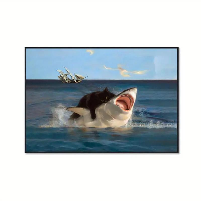 Cat & Shark Pattern Canvas Painting without Frame, 1 Count Funny Wall Art, Wall Decor for Home Living Room Bedroom Study Room