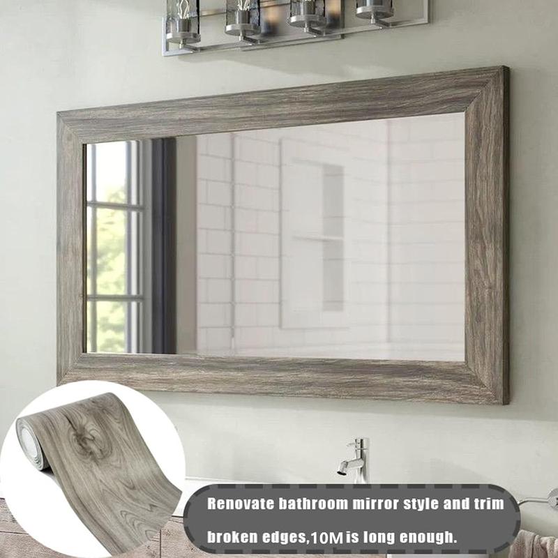 32.8FT Brown Grey Border Peel &Stick  Grain Wallpaper Border Removable  Bathroom Mirror Frame Sticker (Grey)