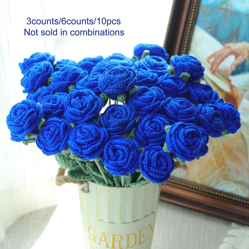 Crochet Rose without Vase, 3 6 Counts 10pcs Handmade Knitted Crochet Rose, Artificial Flower for Home Decor, Decorative Flower for Wedding Party, Fall Decor