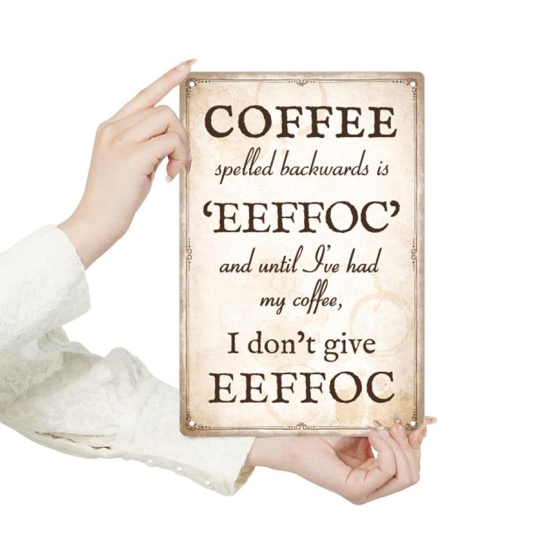 Coffee Spelled Backwards Is Eeffoc Tin Sign, 1 Count Vintage Plaque Funny Wall Decor For Kitchen Cafe Home