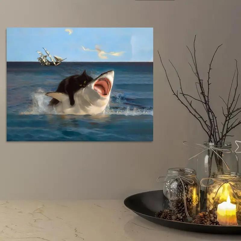 Cat & Shark Pattern Canvas Painting without Frame, 1 Count Funny Wall Art, Wall Decor for Home Living Room Bedroom Study Room