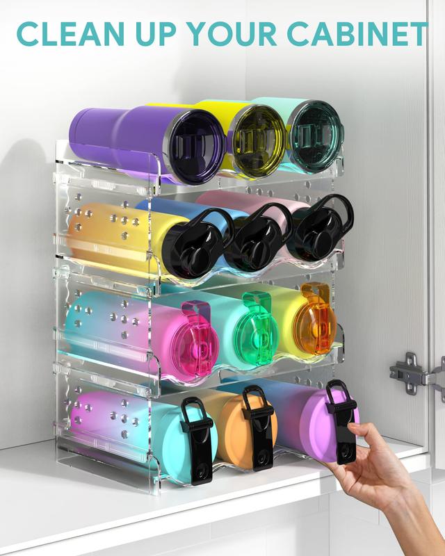 Water Bottle Organizer - 4 Pack Stackable Cup Organizer for Cabinet, Countertop, Pantry and Fridge, Free-Standing Tumbler Kitchen Storage Holder Rack