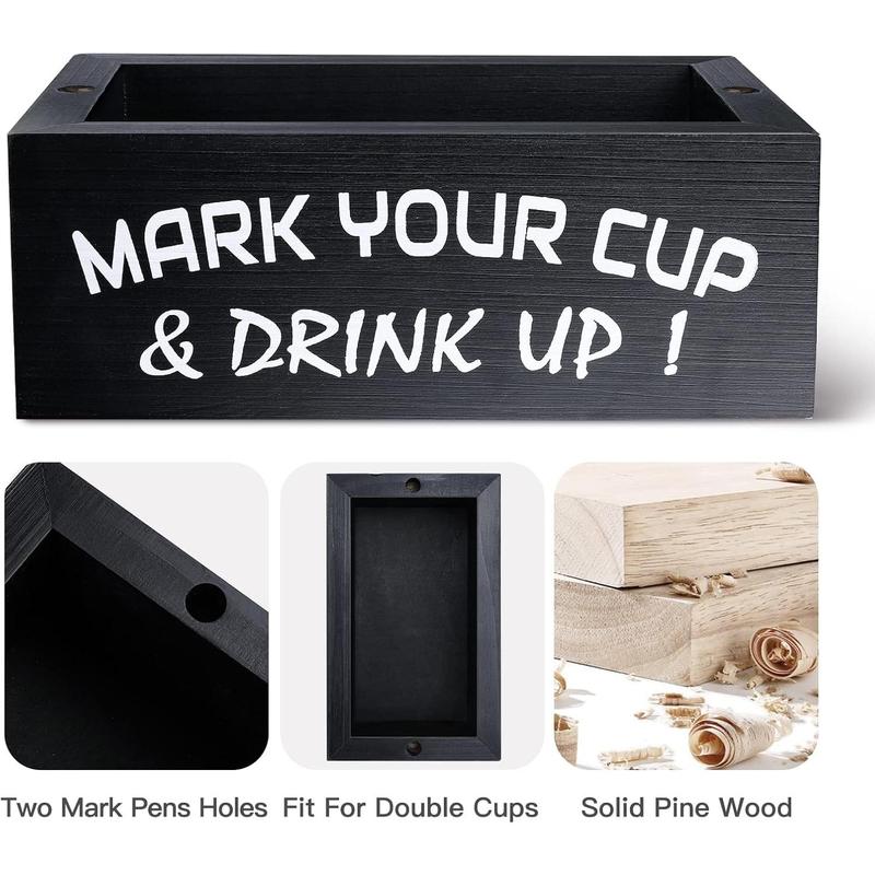 Wood Double Disposable Cup Holder with Marker Slot, Mark Your Cup and Drink Up Plastic Cup Organizer Drink Dispenser for Wedding Party Kitchen Decor