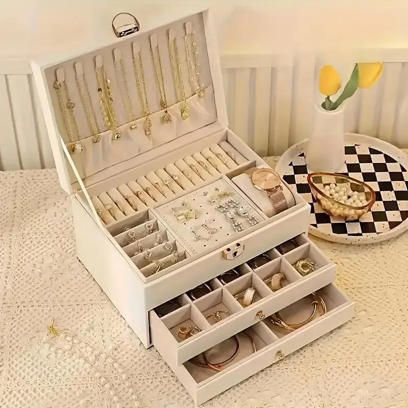 Jewelry Storage Box with Drawer, 1 Box Large Capacity 3-layer Jewelry Organizer, Jewelry Storage Box for Earrings, Rings, Necklaces, Home Organizer