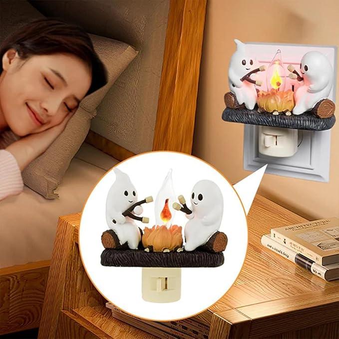 Breamies Ghost Campfire Flickering Night Light, Ghosts Campfire Flicker Flame Halloween Nightlight, 3D LED Small Electric Faux Campfire Night Light, Halloween Nightlight Indoor Decorations