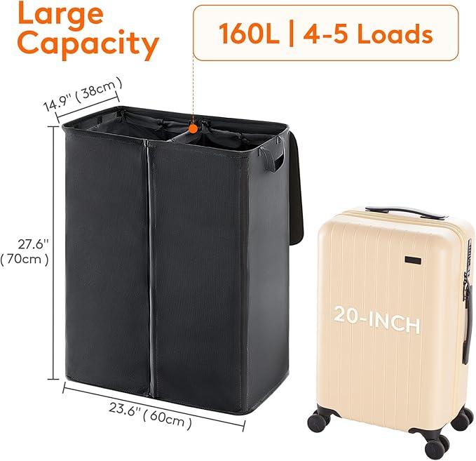 160L Double Laundry Hamper with Lid and Removable Laundry Bags, Divided Laundry Basket with Handles, Large Separated Clothes Basket for Bedroom, Bathroom, College Dorm, Laundry Sorting, Black Organiser Buckle