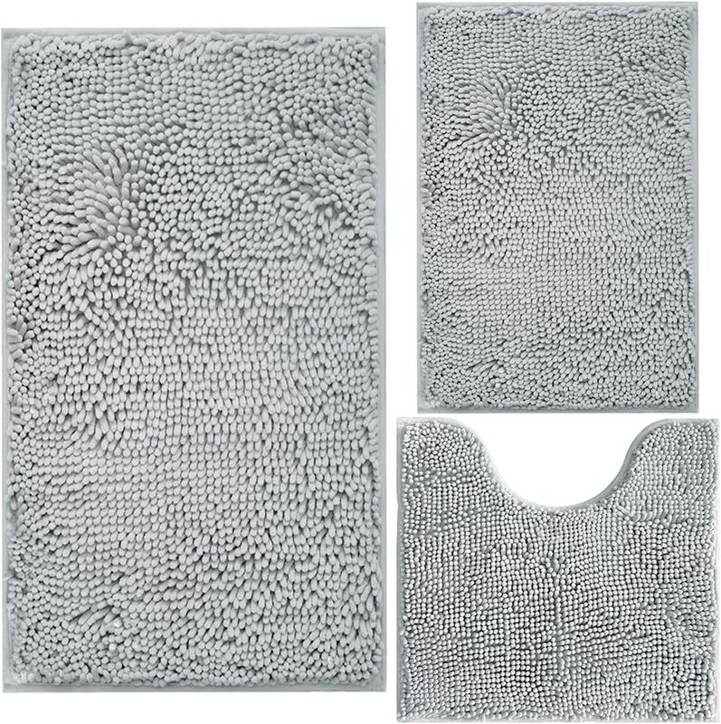 Bathroom Rugs Chenille 3-  Soft and Absorbent Shag Bathroom Rugs, Machine Wash Mat,  PVC Non-Slip Underside, Plush Carpet Mats (Light Grey)