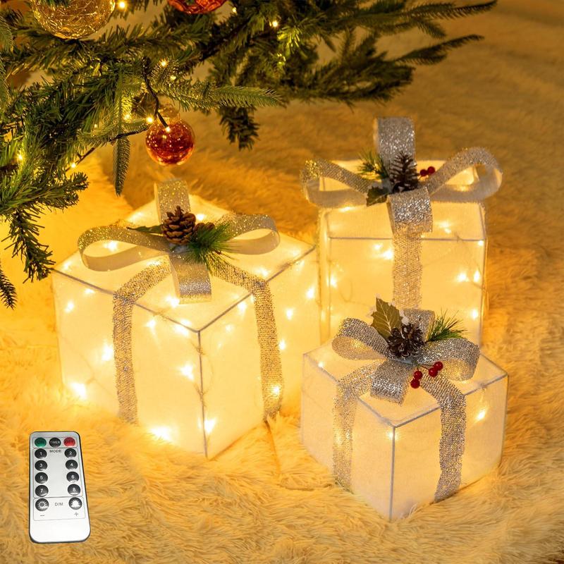 Battery Powered Christmas Present Box Decoration, 3 Counts set LED Light Up Present Box, Decorative Light for Indoor Outdoor Christmas Tree Decor