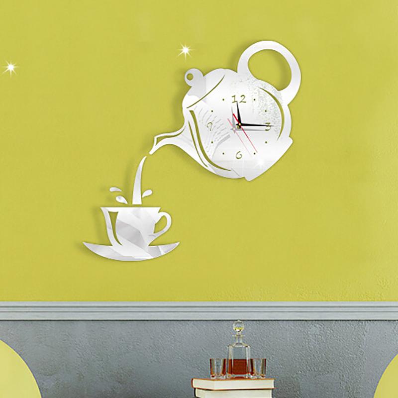 DIY Acrylic Coffee Cup Teapot 3D Wall Clock Decorative Kitchen Wall Clocks Decor