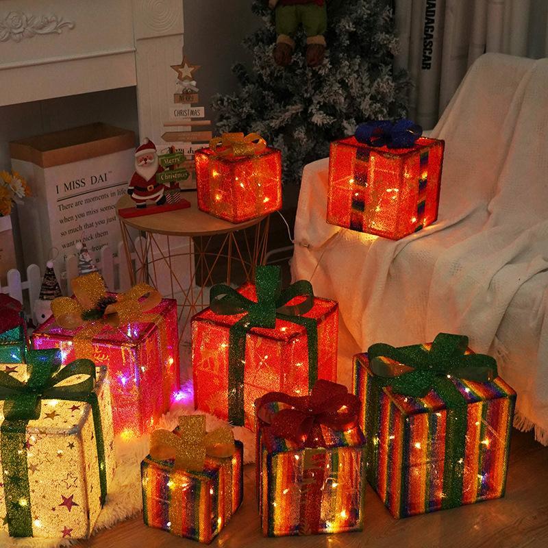 Battery Powered Christmas Present Box Decoration, 3 Counts set LED Light Up Present Box, Decorative Light for Indoor Outdoor Christmas Tree Decor