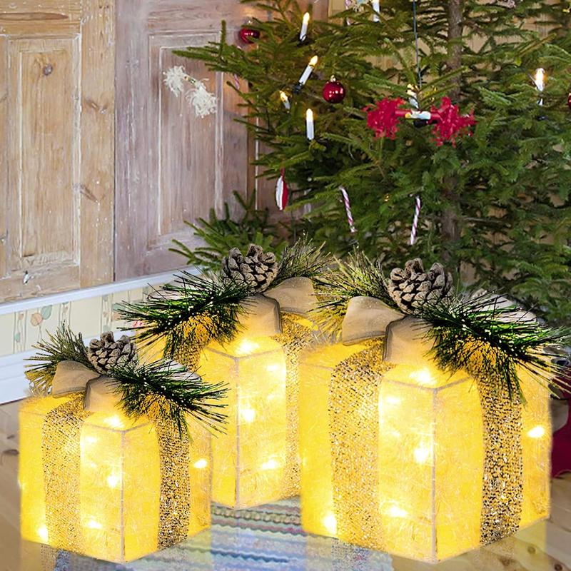 Battery Powered Christmas Present Box Decoration, 3 Counts set LED Light Up Present Box, Decorative Light for Indoor Outdoor Christmas Tree Decor