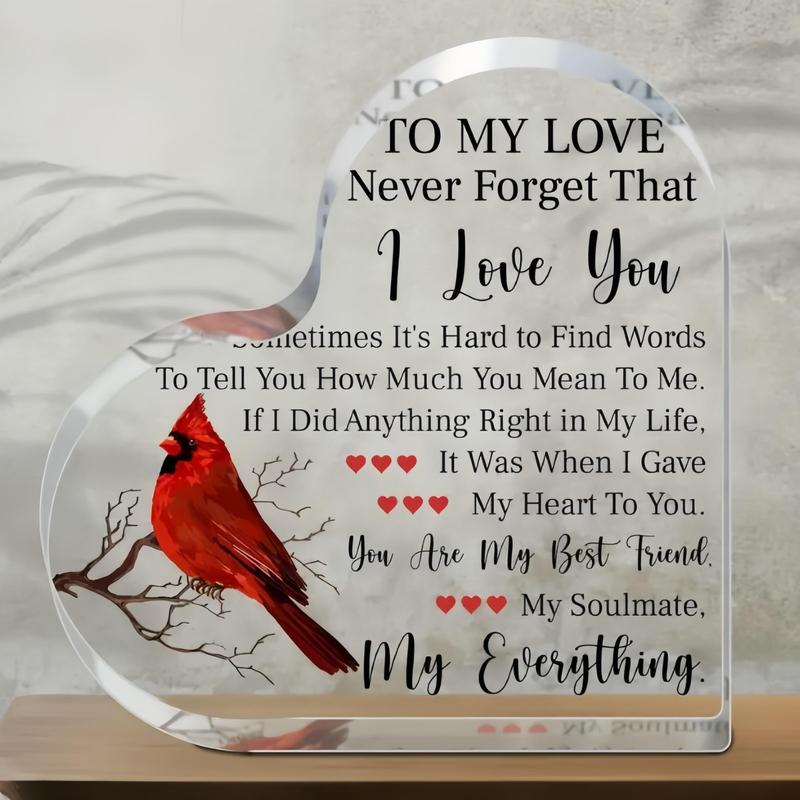 Romantic Acrylic Desktop Ornament, 1 Count Heart Shaped Bird & Letter Pattern Home Office Decoration, Gift for Boyfriend Girlfriend Husband Wife