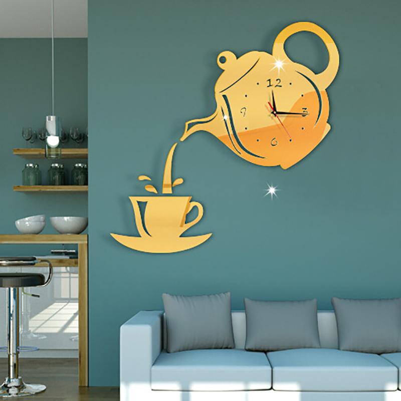 DIY Acrylic Coffee Cup Teapot 3D Wall Clock Decorative Kitchen Wall Clocks Decor