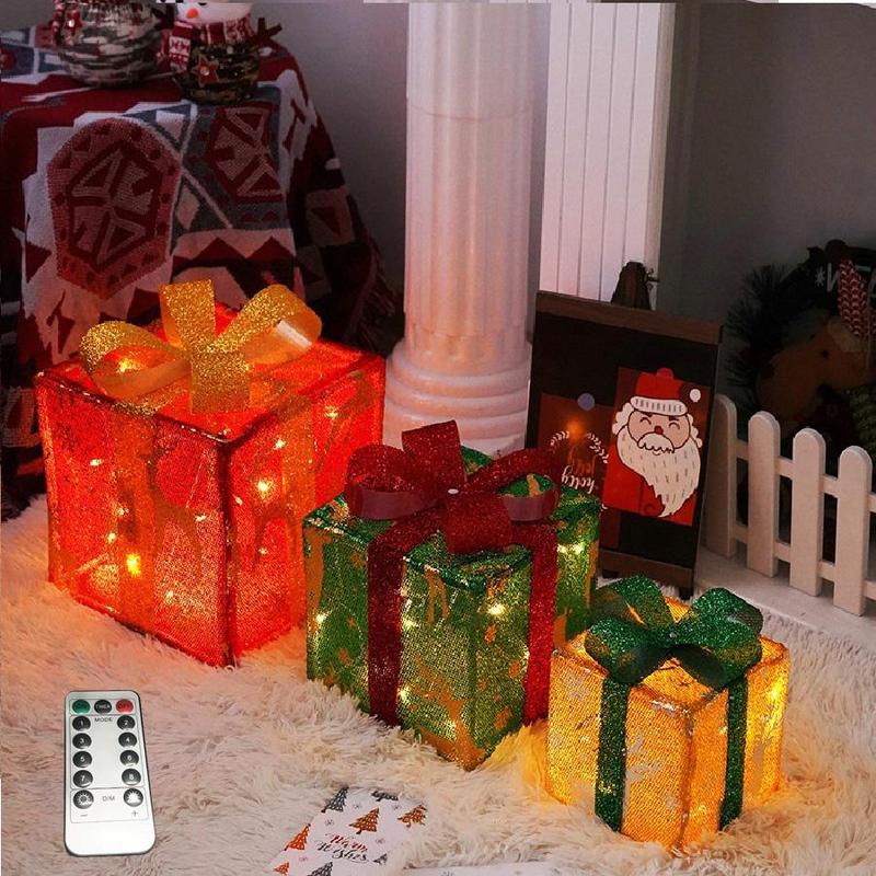 Battery Powered Christmas Present Box Decoration, 3 Counts set LED Light Up Present Box, Decorative Light for Indoor Outdoor Christmas Tree Decor