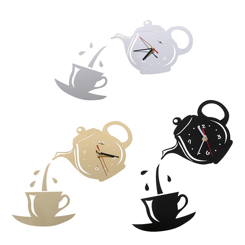 DIY Acrylic Coffee Cup Teapot 3D Wall Clock Decorative Kitchen Wall Clocks Decor