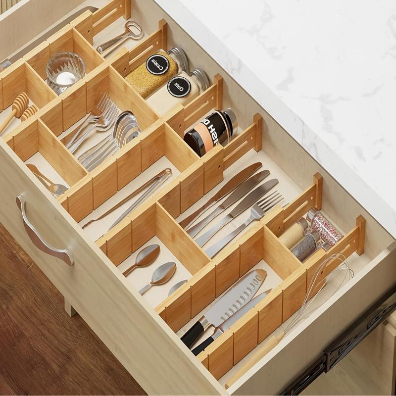 Wooden Drawer Divider, 13pcs set Including 4 Counts Adjustable Drawer Divider & 9 Counts Insert, Expandable Drawer Organizer for Bedroom, Kitchen, Office