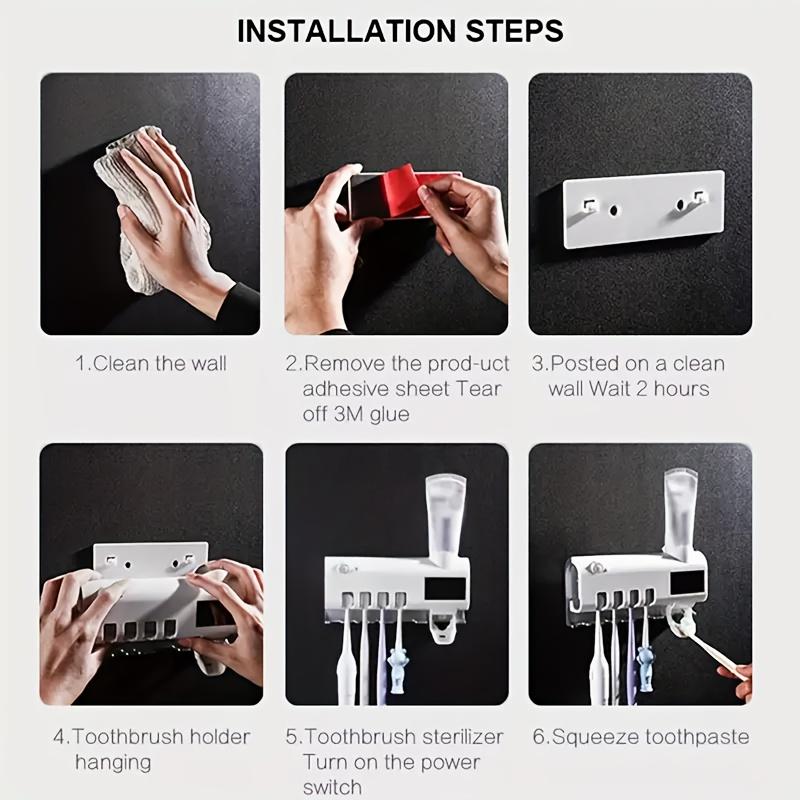 1 One Smart Ultraviolet Toothbrush Sterilizer, with Toothpaste Dispenser, Wall-Mounted 4-Slot Toothbrush Storage Rack, Solar Charging, 99.9% Disinfection Rate, Plastic Material, Built-in Lithium Battery USB Charging, Bathroom Accessories