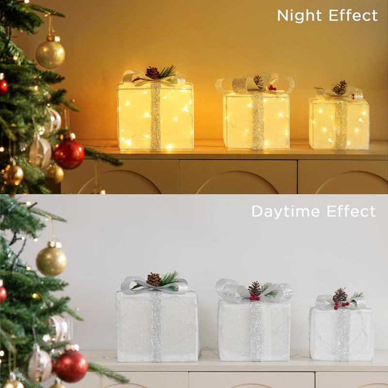 Battery Powered Christmas Present Box Decoration, 3 Counts set LED Light Up Present Box, Decorative Light for Indoor Outdoor Christmas Tree Decor