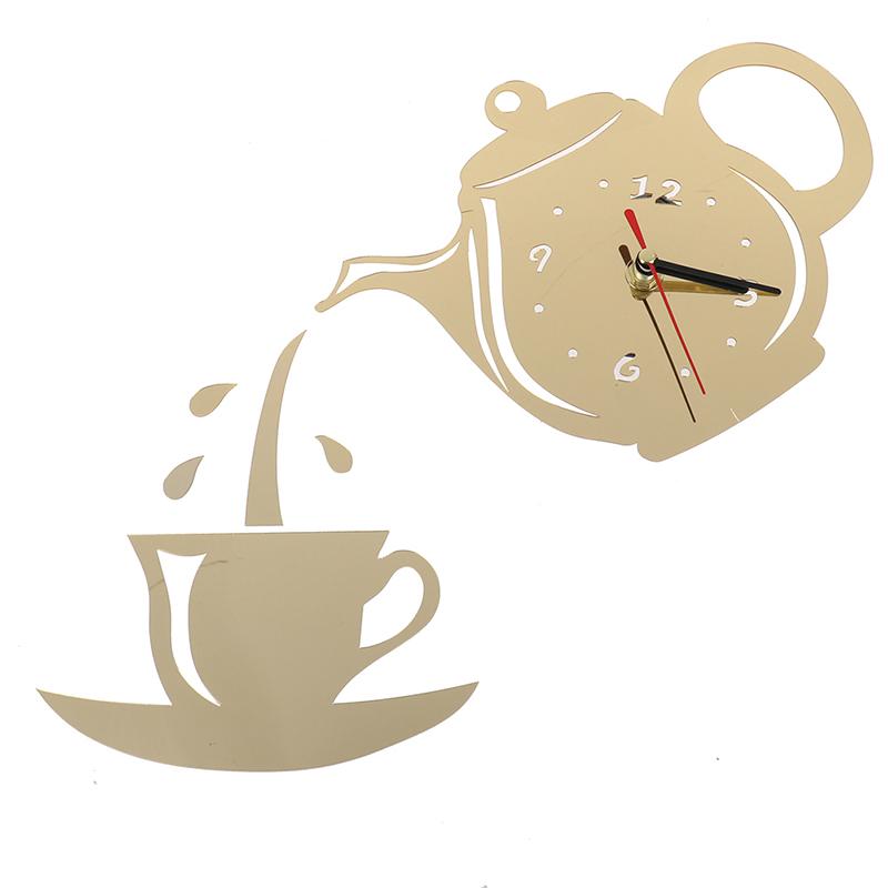 DIY Acrylic Coffee Cup Teapot 3D Wall Clock Decorative Kitchen Wall Clocks Decor