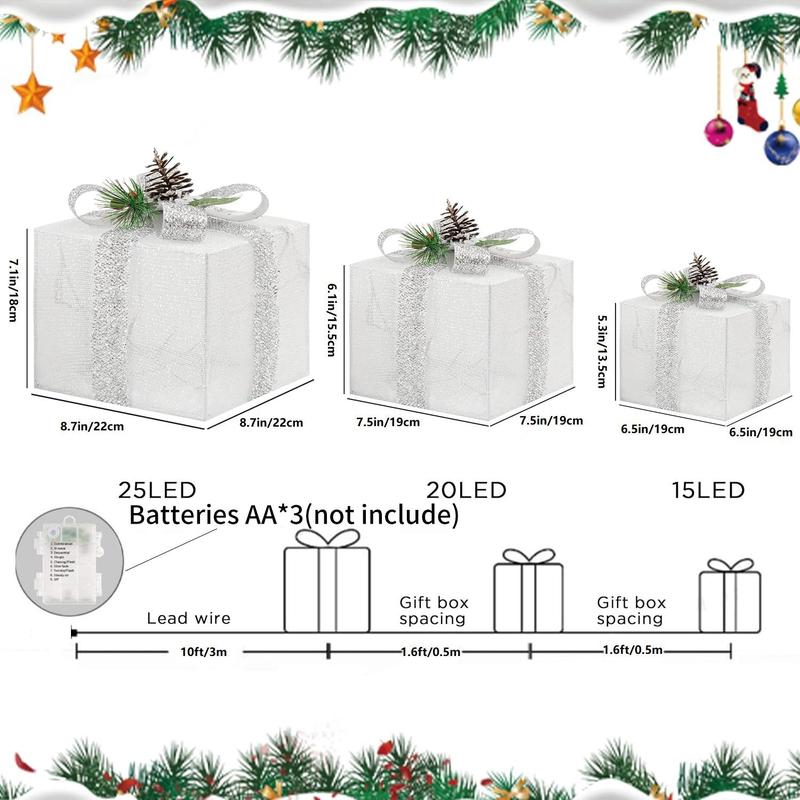 Battery Powered Christmas Present Box Decoration, 3 Counts set LED Light Up Present Box, Decorative Light for Indoor Outdoor Christmas Tree Decor