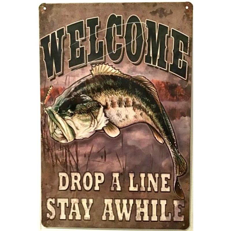 TIN SIGN new 8x12 Welcome fish fishing man cave lake bass camping woods (Br14a)