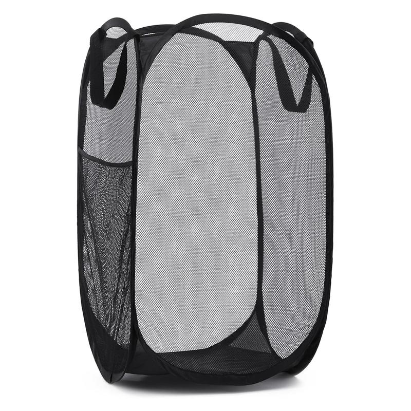 Clothes Storage Basket Handy Laundry Collapsible Mesh Pop Up Hamper with Wide Opening and Side Pocket – Breathable, Sturdy, Foldable, and Space-Saving Design for Clothes and Storage.