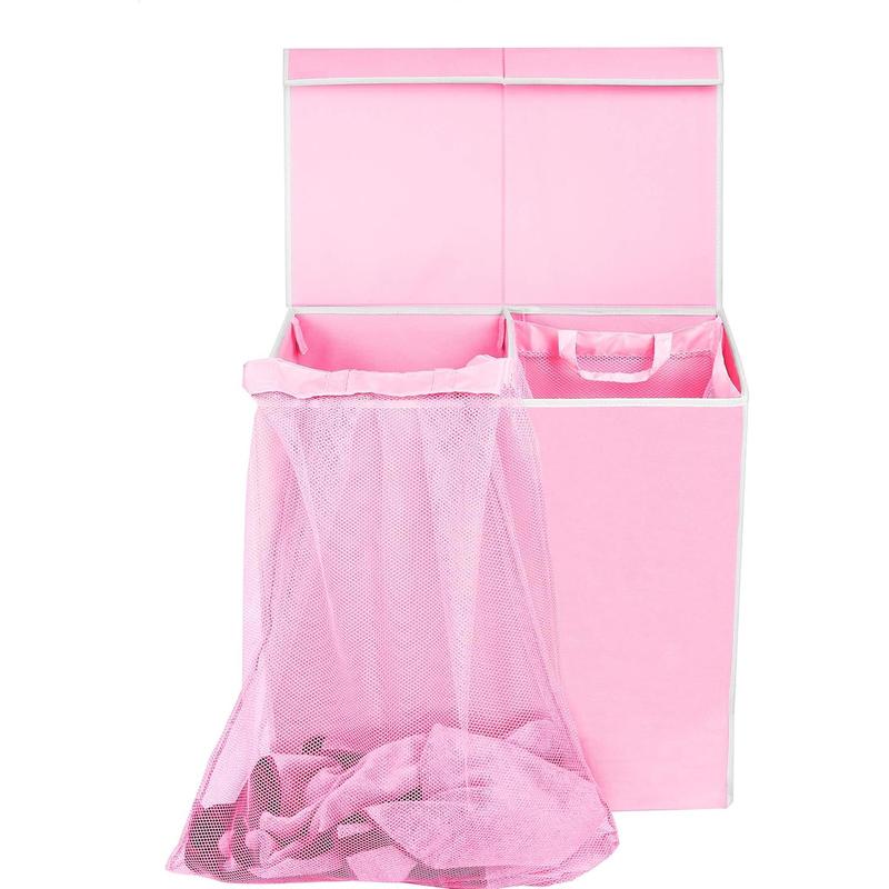 Double Laundry Hamper with Lid and Removable Bags, Pink